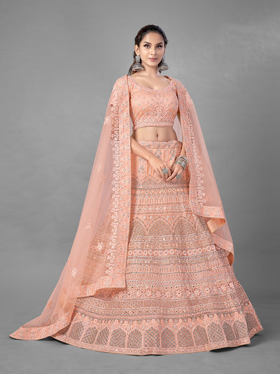 Peach Soft Net Embroidered Semi Stitched Lehenga With Unstitched Blouse