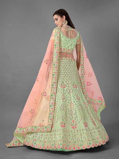 Green Art Silk Embroidered Semi Stitched Lehenga With Unstitched Blouse