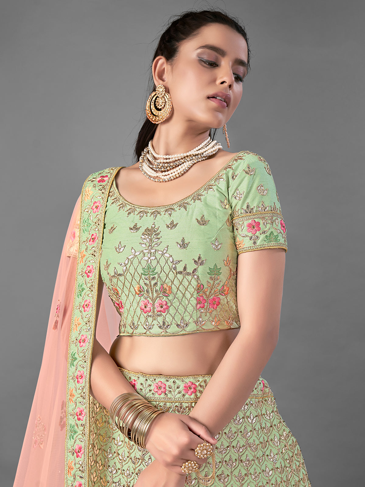 Green Art Silk Embroidered Semi Stitched Lehenga With Unstitched Blouse
