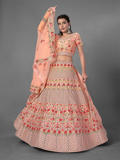 Peach Embroidered Art Silk Semi Stitched Lehenga With Unstitched Blouse