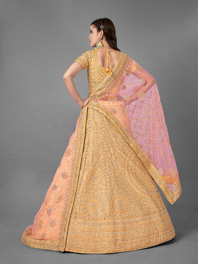 Yellow Embroidered Art Silk Semi Stitched Lehenga With Unstitched Blouse