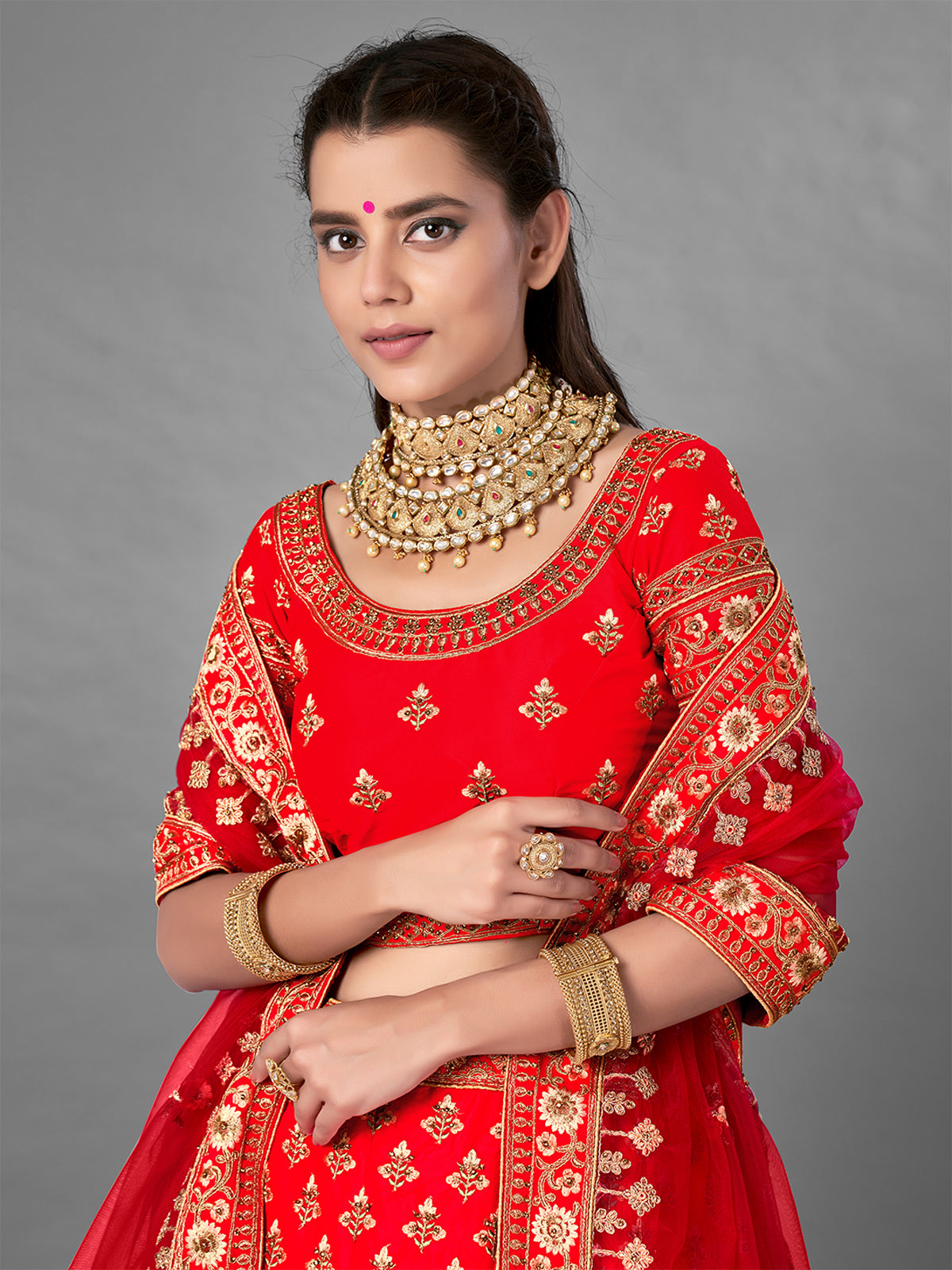 Red Embroidered Satin Semi Stitched Lehenga With Unstitched Blouse
