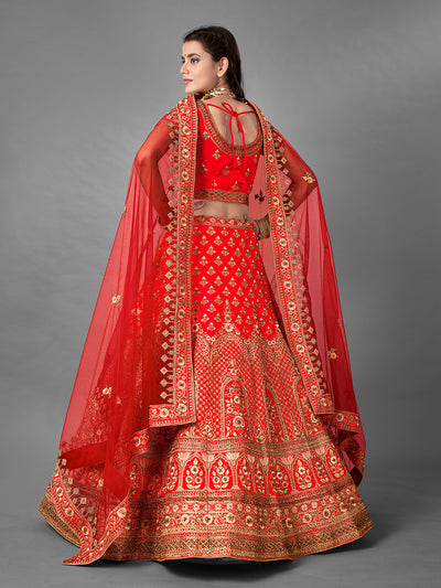 Red Embroidered Satin Semi Stitched Lehenga With Unstitched Blouse