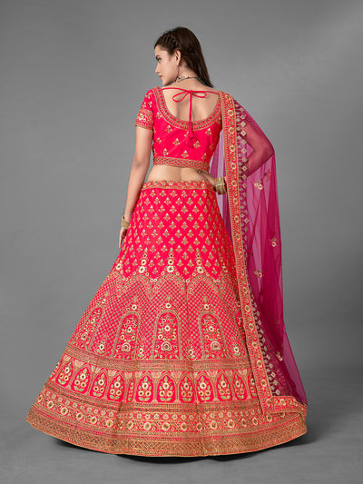 Red Satin Embroidered Semi Stitched Lehenga With Unstitched Blouse
