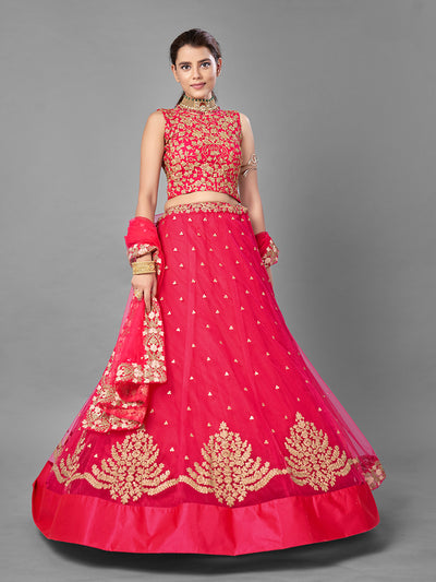 Red Thread Embroidered Soft Net Semi Stitched Lehenga With Unstitched Blouse