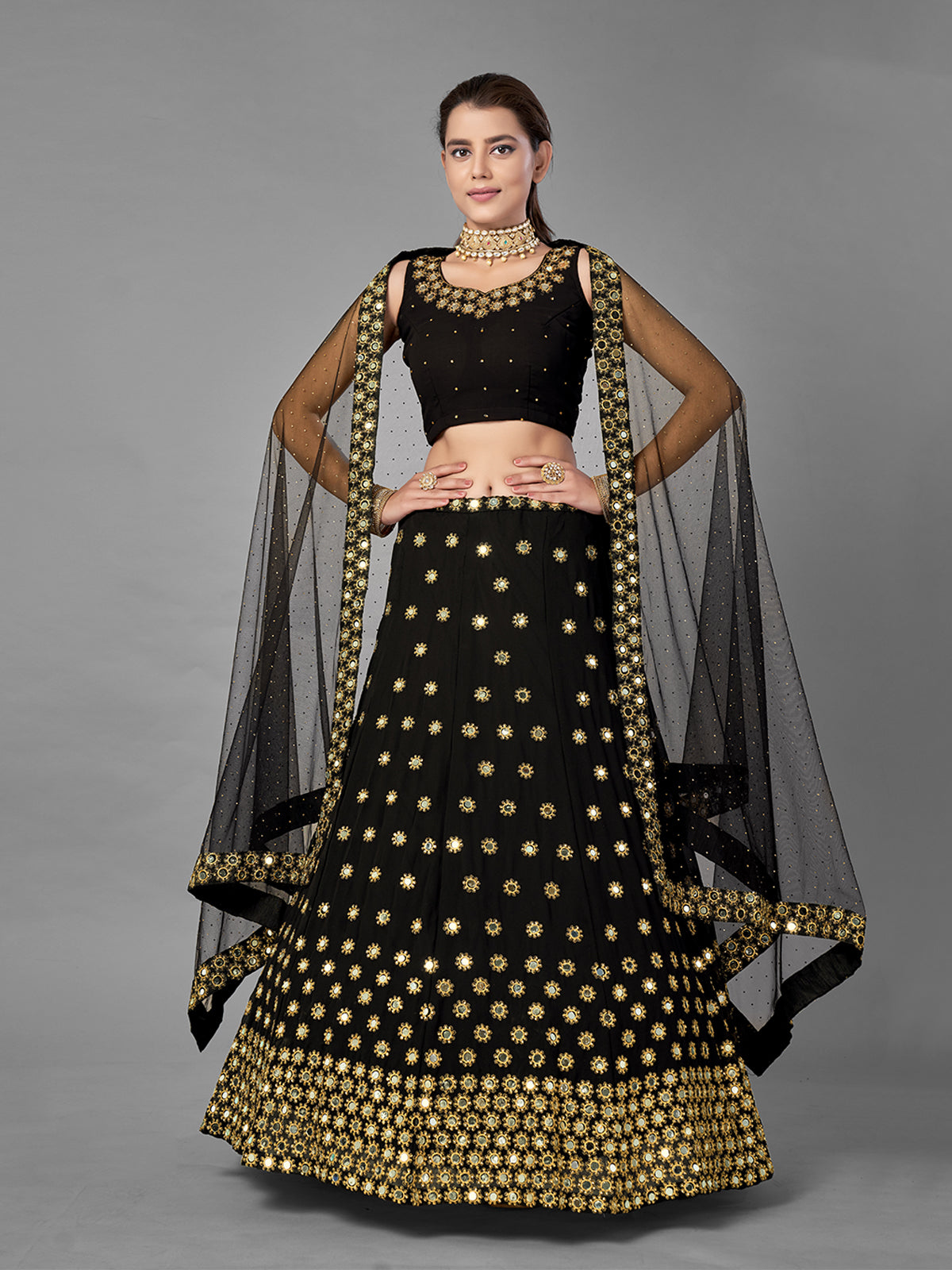 Black Embroidered Georgette Semi Stitched Lehenga With Unstitched Blouse