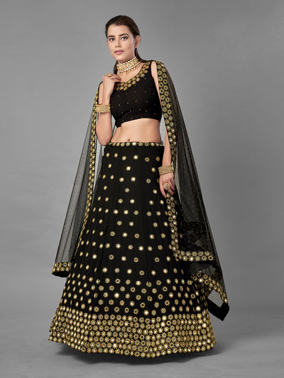 Black Embroidered Georgette Semi Stitched Lehenga With Unstitched Blouse