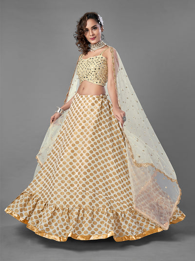 Apricot Embroidered Viscose Silk Semi Stitched Lehenga With Unstitched Blouse