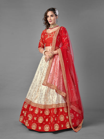 White Sequins Art Silk Semi Stitched Lehenga With Unstitched Blouse