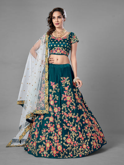 Teal Satin Velvet Semi Stitched Lehenga With Unstitched Blouse