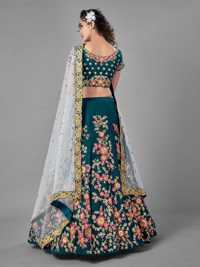 Teal Satin Velvet Semi Stitched Lehenga With Unstitched Blouse