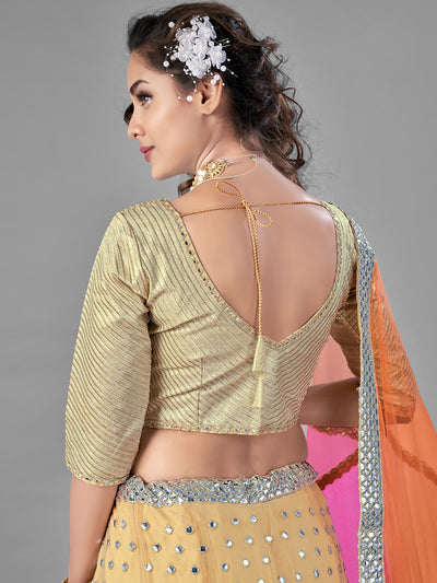 Beige Embroidered Soft Net Semi Stitched Lehenga With Unstitched Blouse
