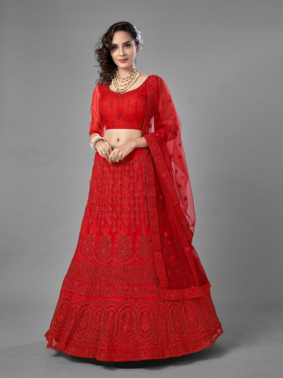 Red Embroidered Soft Net Semi Stitched Lehenga With Unstitched Blouse
