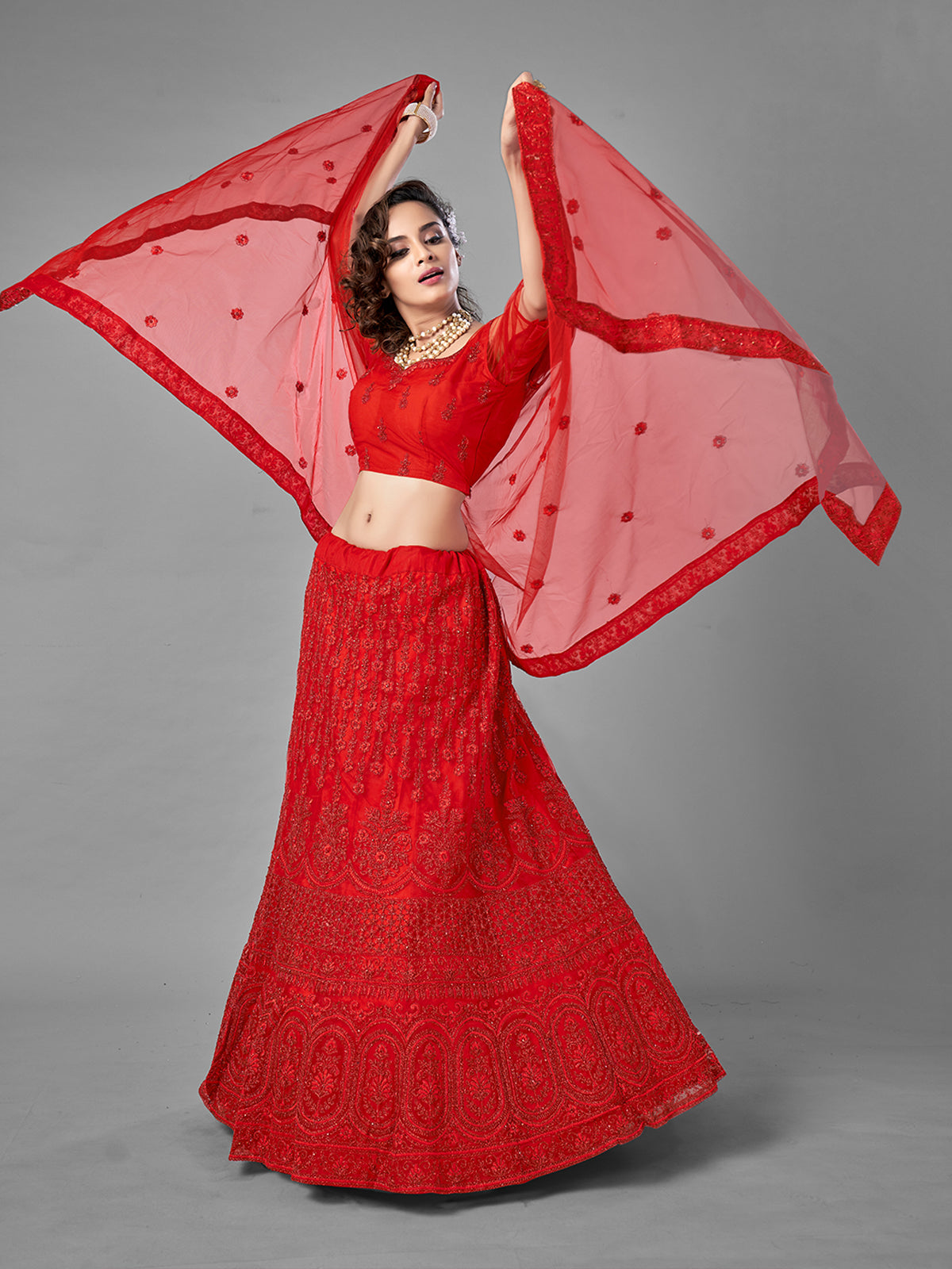 Red Embroidered Soft Net Semi Stitched Lehenga With Unstitched Blouse
