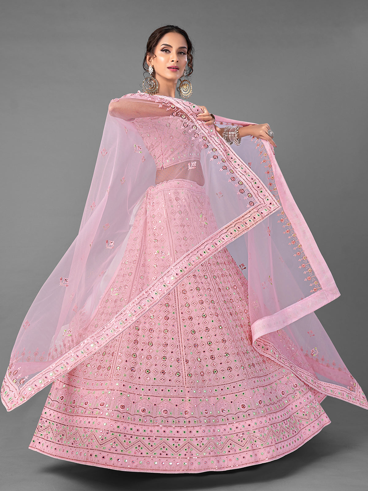 Pink Embroidered Georgette Semi Stitched Lehenga With Unstitched Blouse