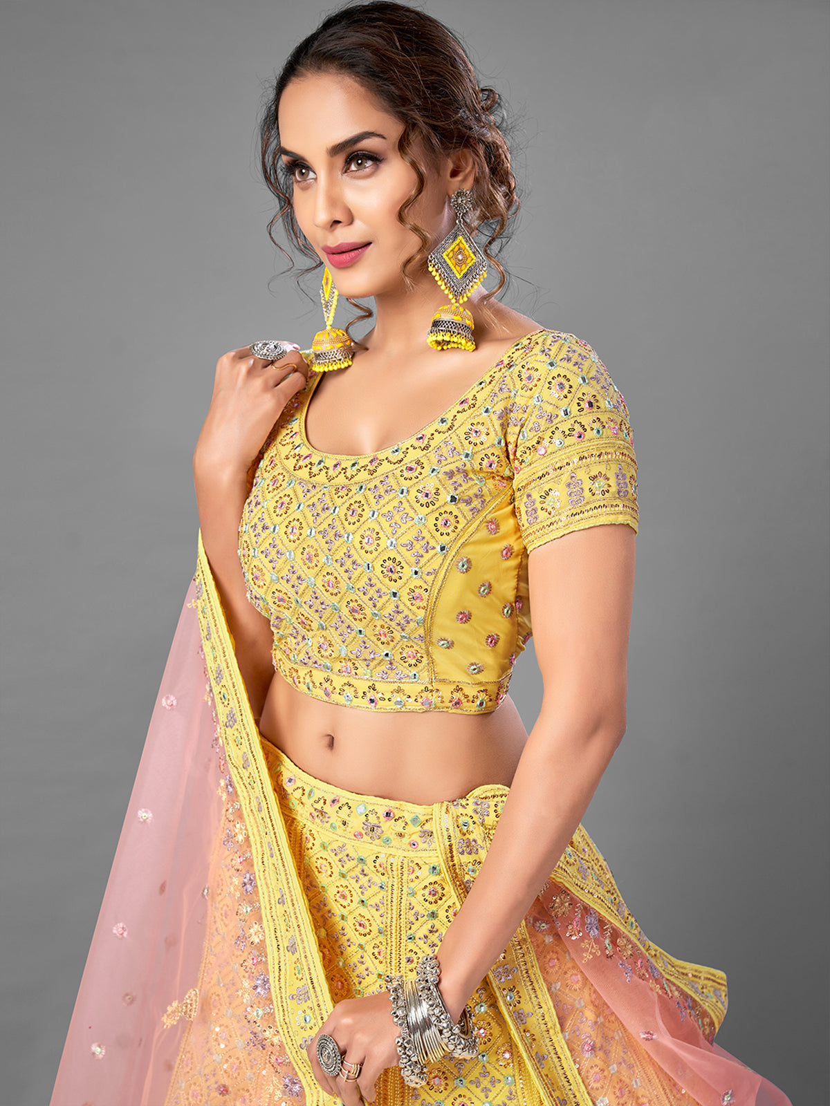 Yellow Georgette Semi Stitched Lehenga With Unstitched Blouse