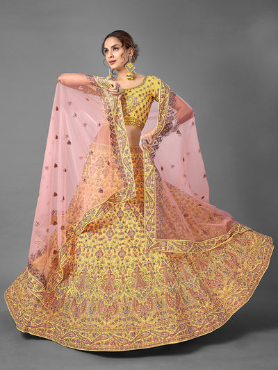 Yellow Thread Work Georgette Semi Stitched Lehenga With Unstitched Blouse