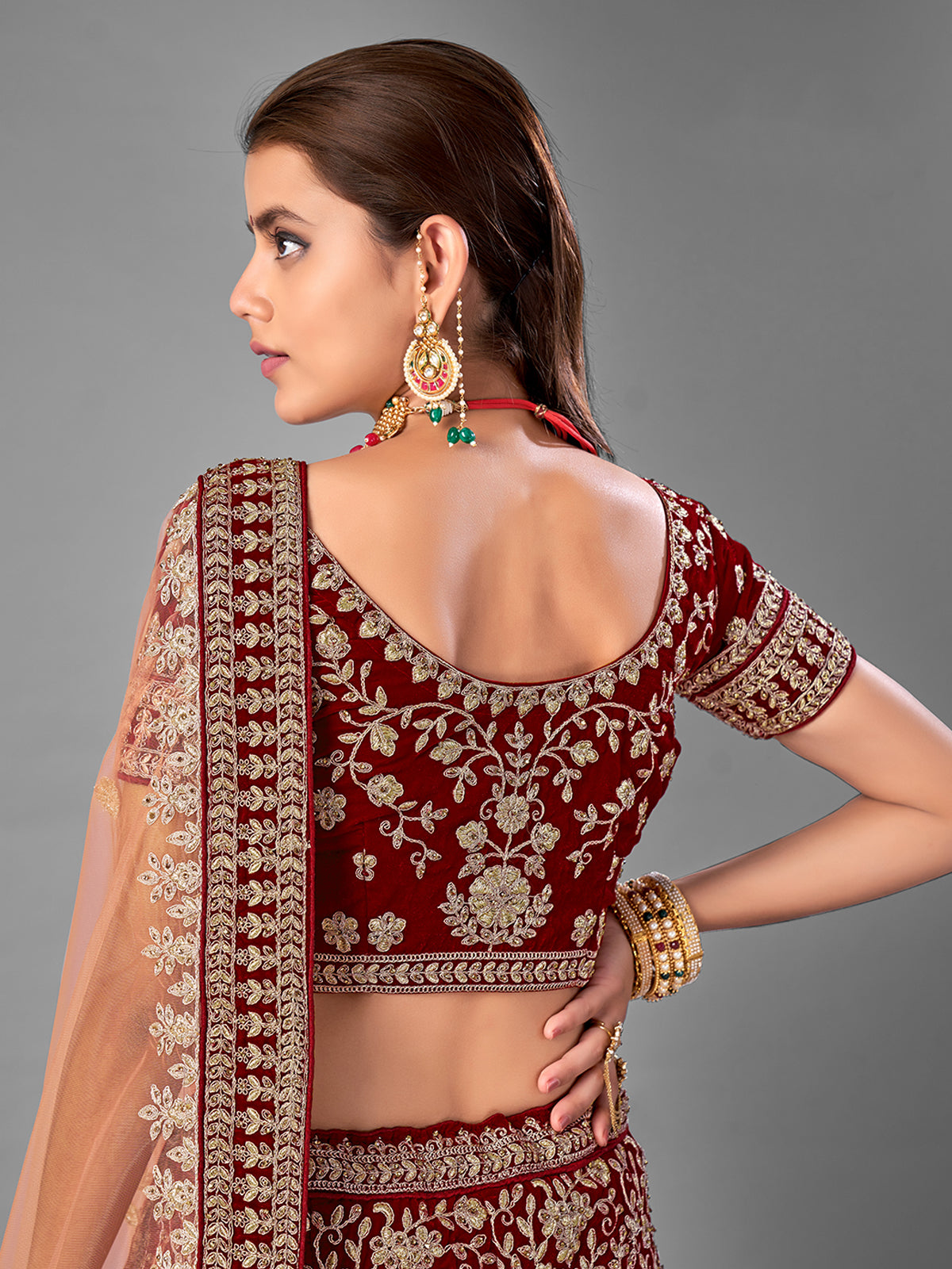 Maroon Embroidered Velvet Semi Stitched Lehenga With Unstitched Blouse