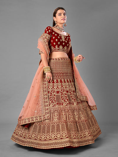 Maroon Embroidered Velvet Semi Stitched Lehenga With Unstitched Blouse