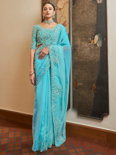 Sky Blue Organza Embroidered Saree With Unstitched Blouse