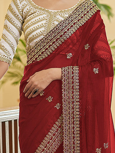 Maroon Organza Embroidered Saree With Unstitched Blouse