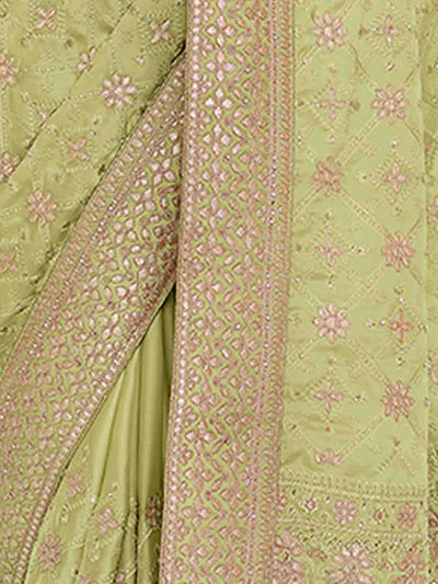 Green Satin Georgette Saree With Unstitched Blouse
