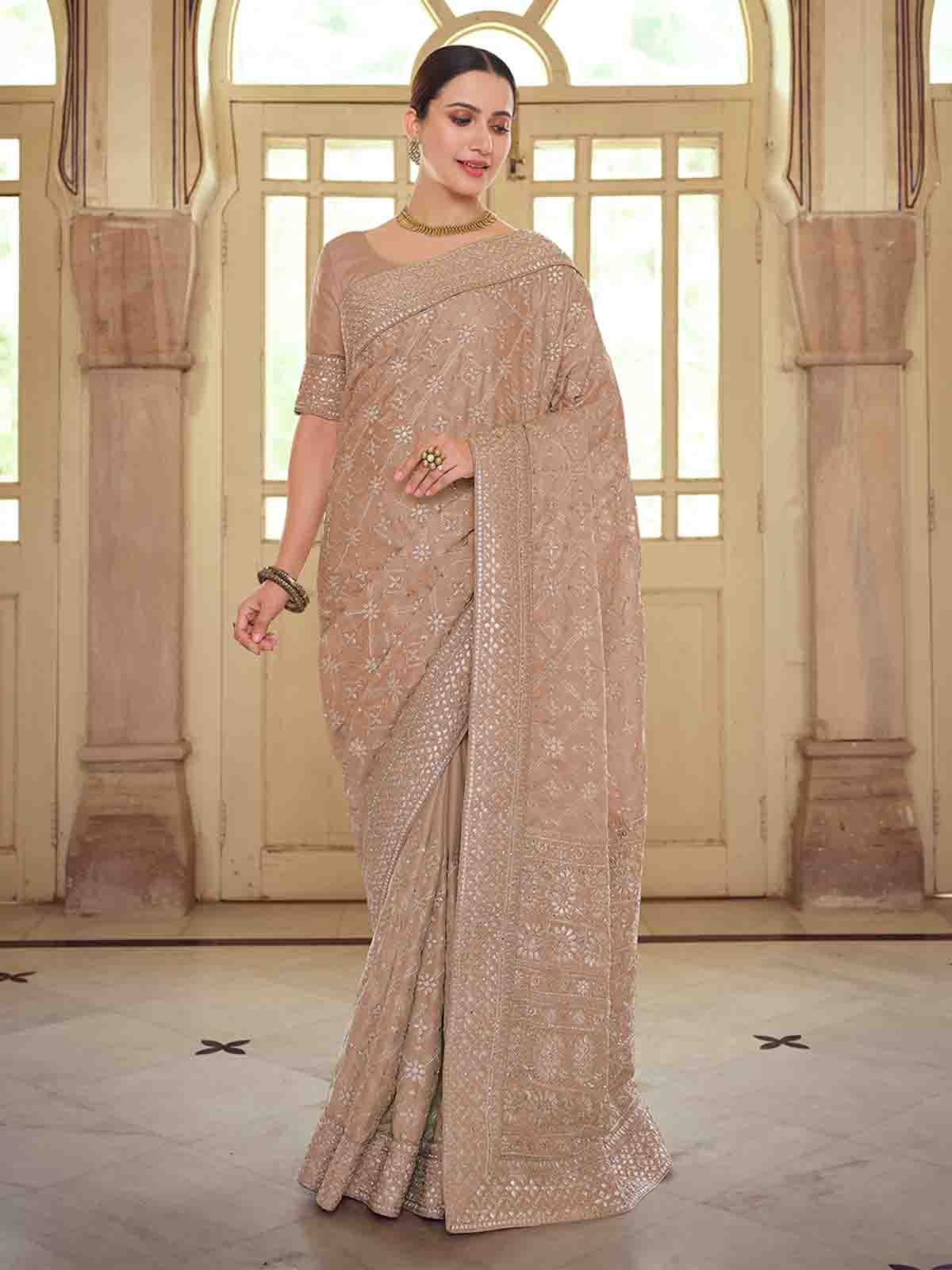 Brown Satin Georgette Saree With Unstitched Blouse