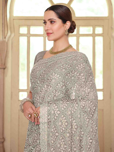 Grey Chiffon Saree With Unstitched Blouse