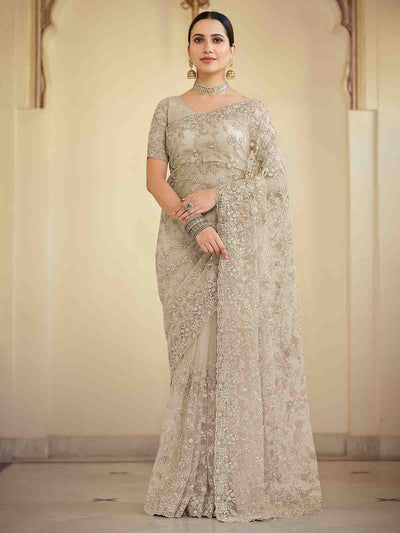 Grey Soft Net Saree With Unstitched Blouse