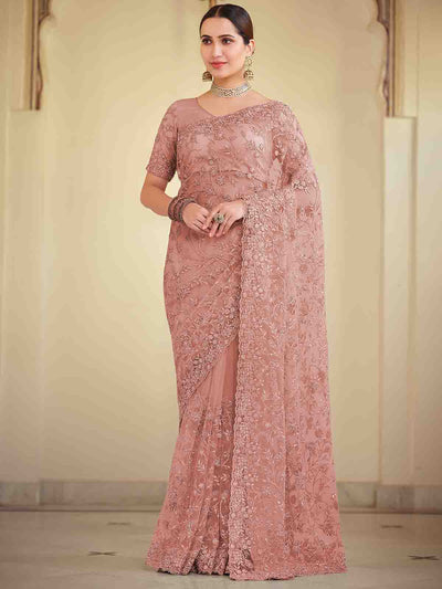 Peach Soft Net Saree With Unstitched Blouse