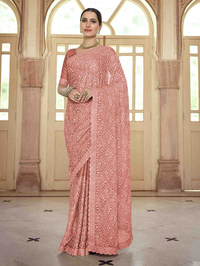 Peach Chiffon Saree With Unstitched Blouse