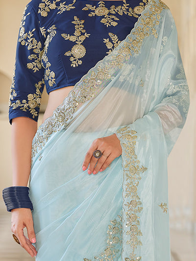 Light Blue Organza Embroidered Saree With Unstitched Blouse