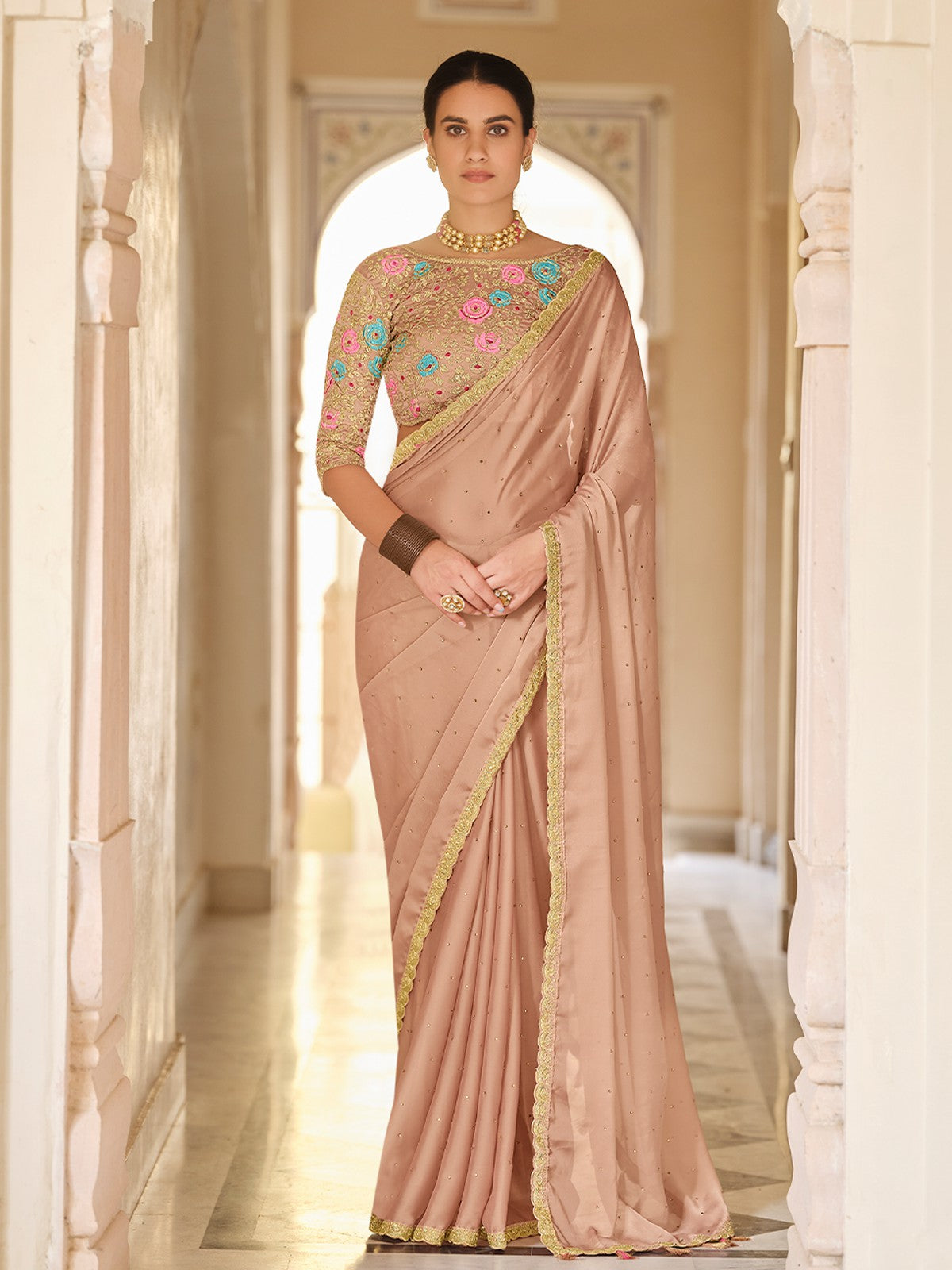 Beige Organza Embroidered Saree With Unstitched Blouse