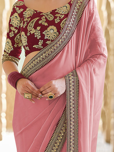 Pink Organza Embroidered Saree With Unstitched Blouse