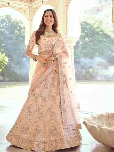 Peach Embroidered Crepe Semi Stitched Lehenga With Unstitched Blouse