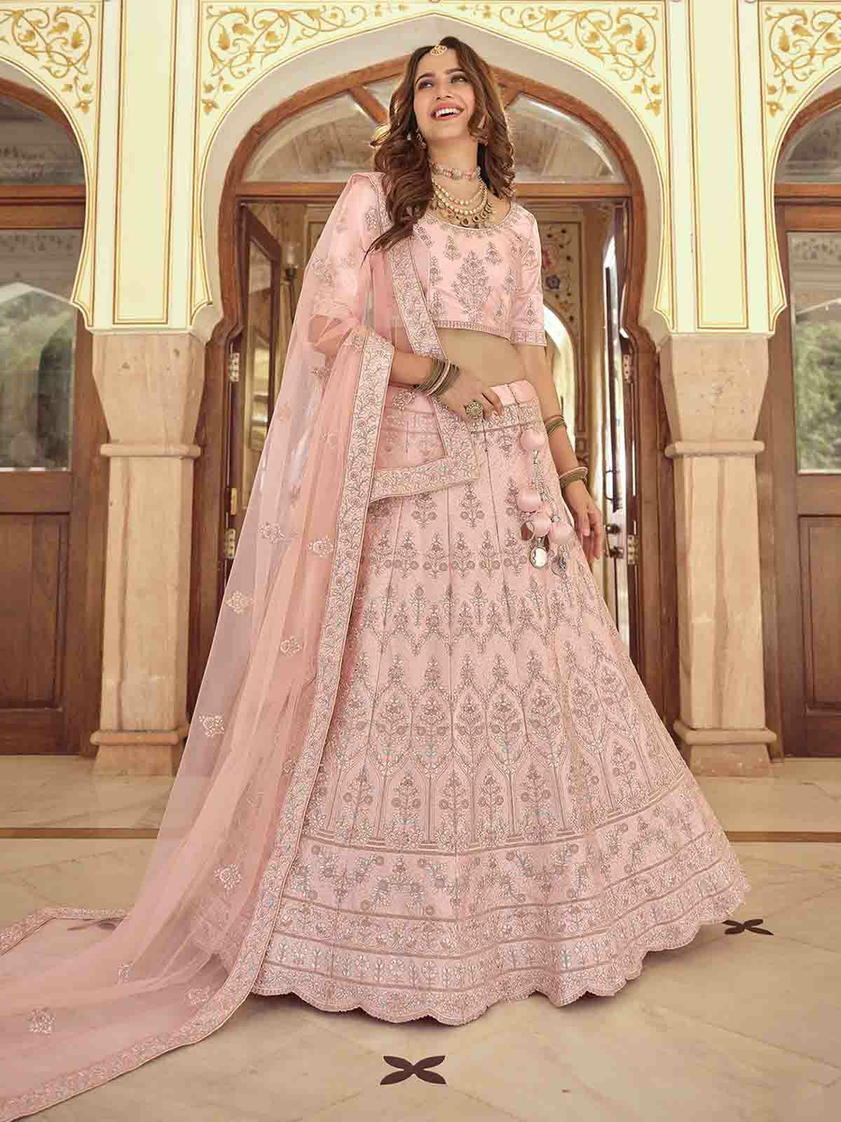 Pink Crepe Embroidered Semi Stitched Lehenga With Unstitched Blouse