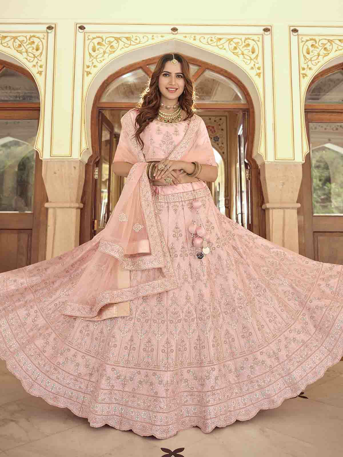 Pink Crepe Embroidered Semi Stitched Lehenga With Unstitched Blouse