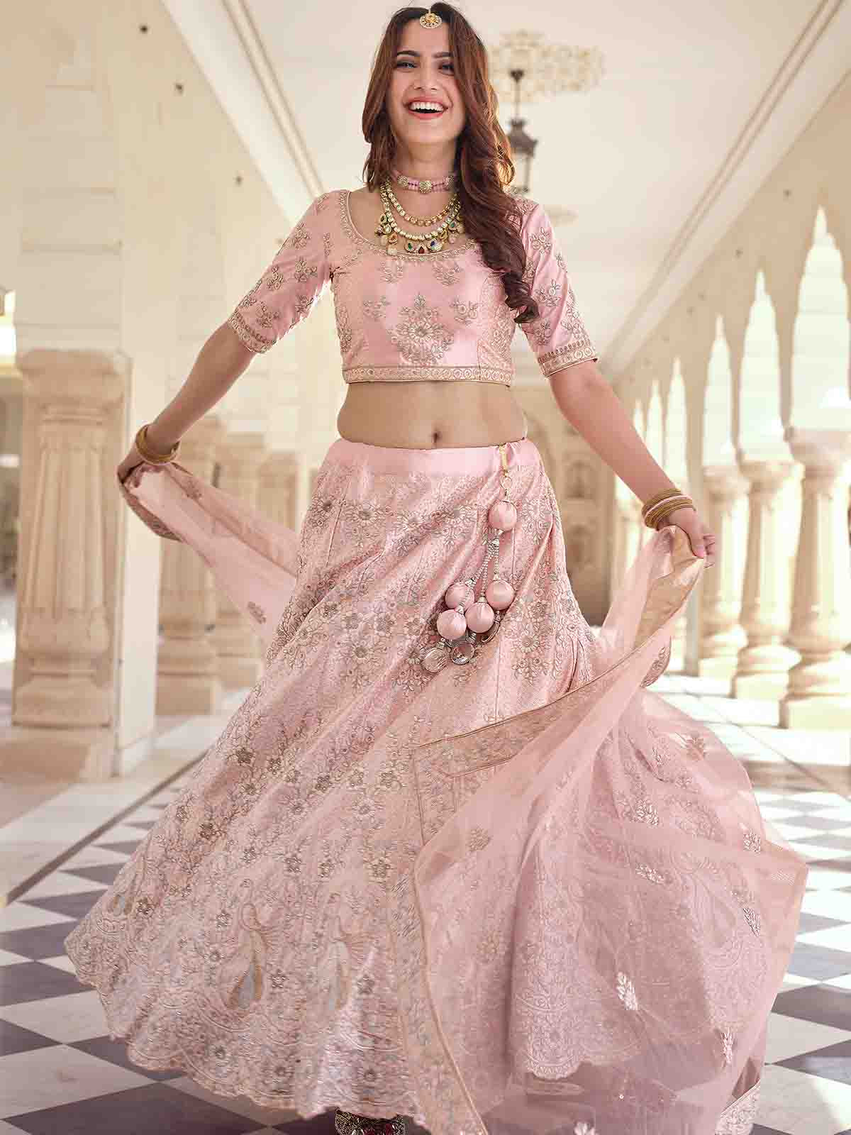 Pink Embroidered Crepe Semi Stitched Lehenga With Unstitched Blouse