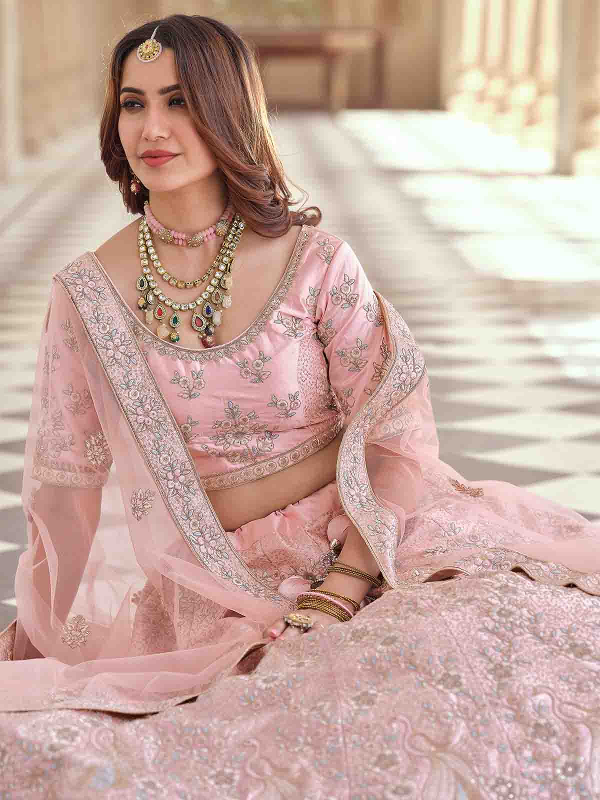 Pink Embroidered Crepe Semi Stitched Lehenga With Unstitched Blouse