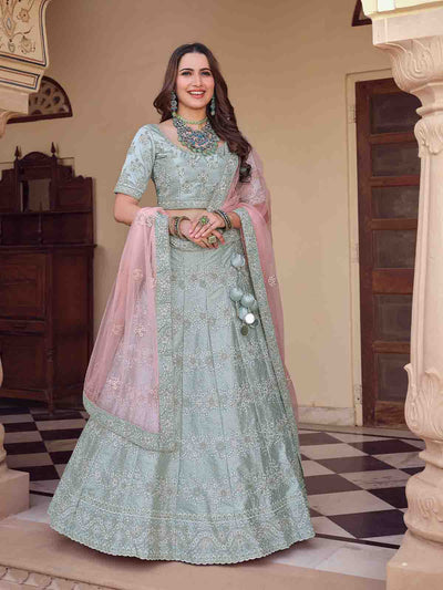 Grey Embroidered Crepe Semi Stitched Lehenga With Unstitched Blouse