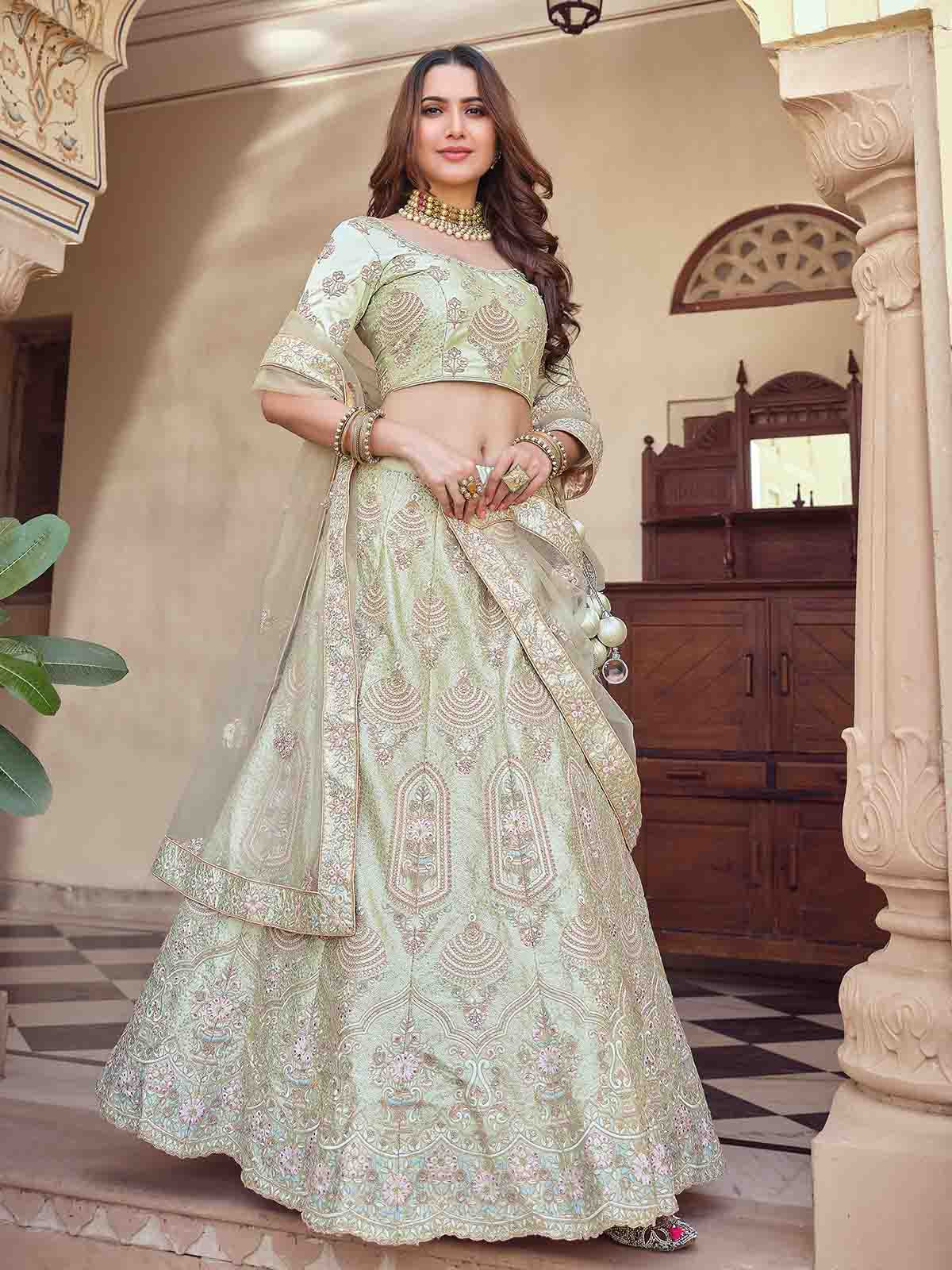 Green Crepe Embroidered Semi Stitched Lehenga With Unstitched Blouse