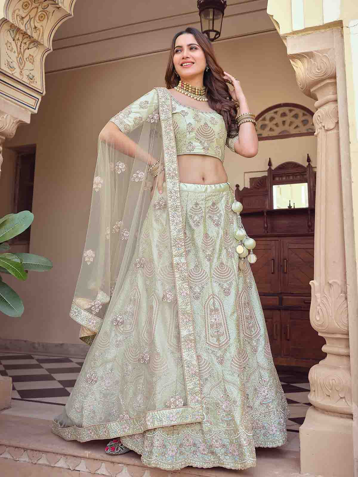 Green Crepe Embroidered Semi Stitched Lehenga With Unstitched Blouse