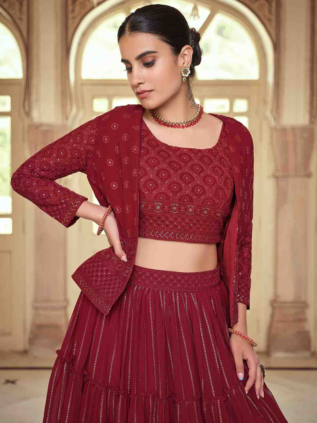 Maroon Georgette Semi Stitched Lehenga With Unstitched Blouse