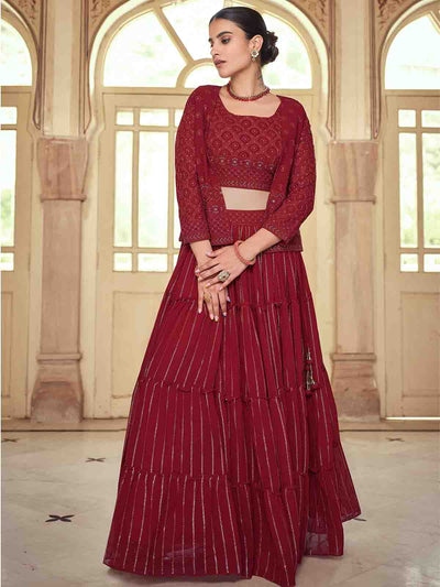 Maroon Georgette Semi Stitched Lehenga With Unstitched Blouse