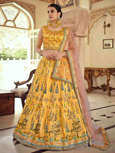 Mustard Embroidered Silk Blend Semi Stitched Lehenga With Unstitched Blouse