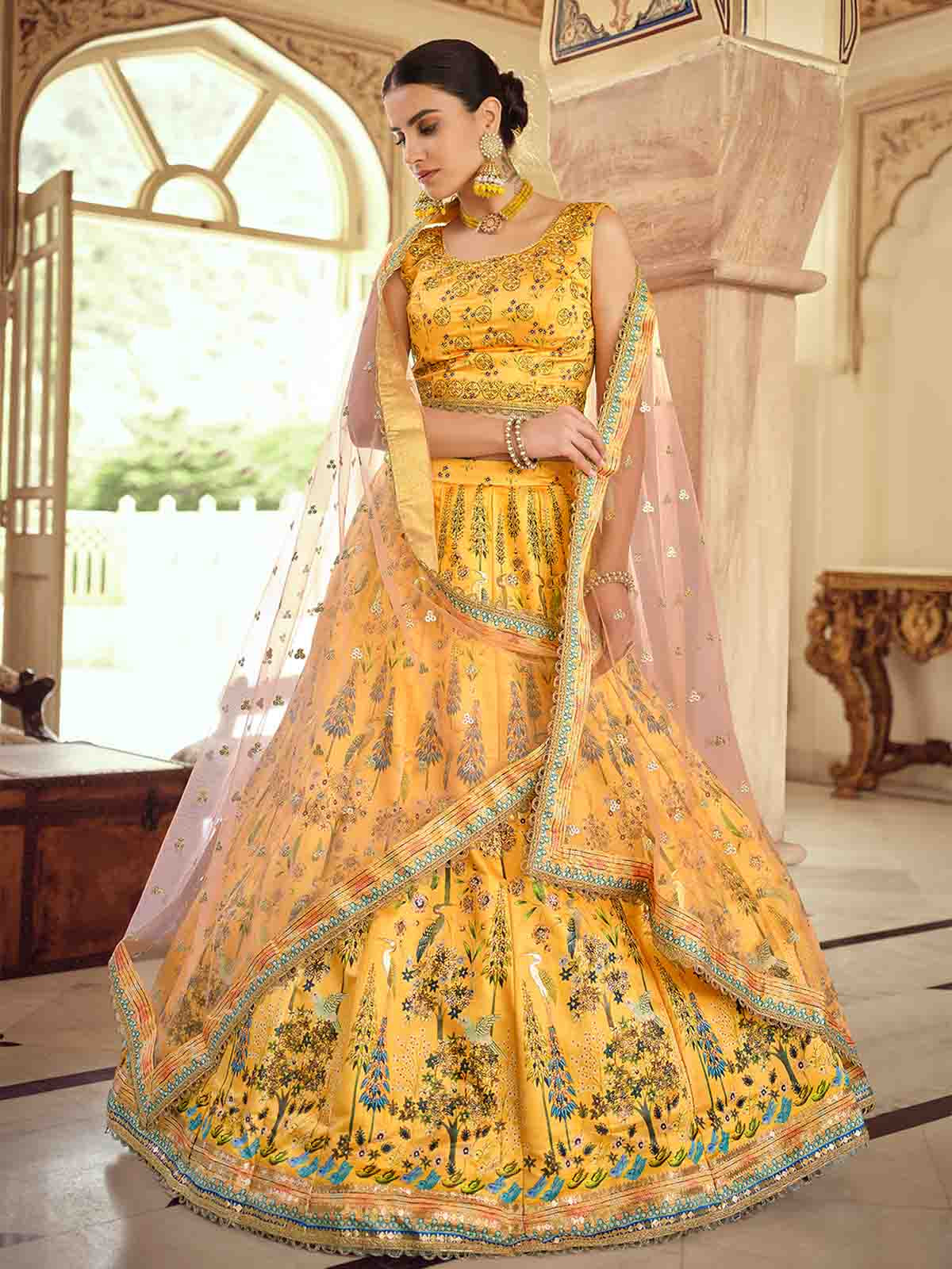 Mustard Embroidered Silk Blend Semi Stitched Lehenga With Unstitched Blouse