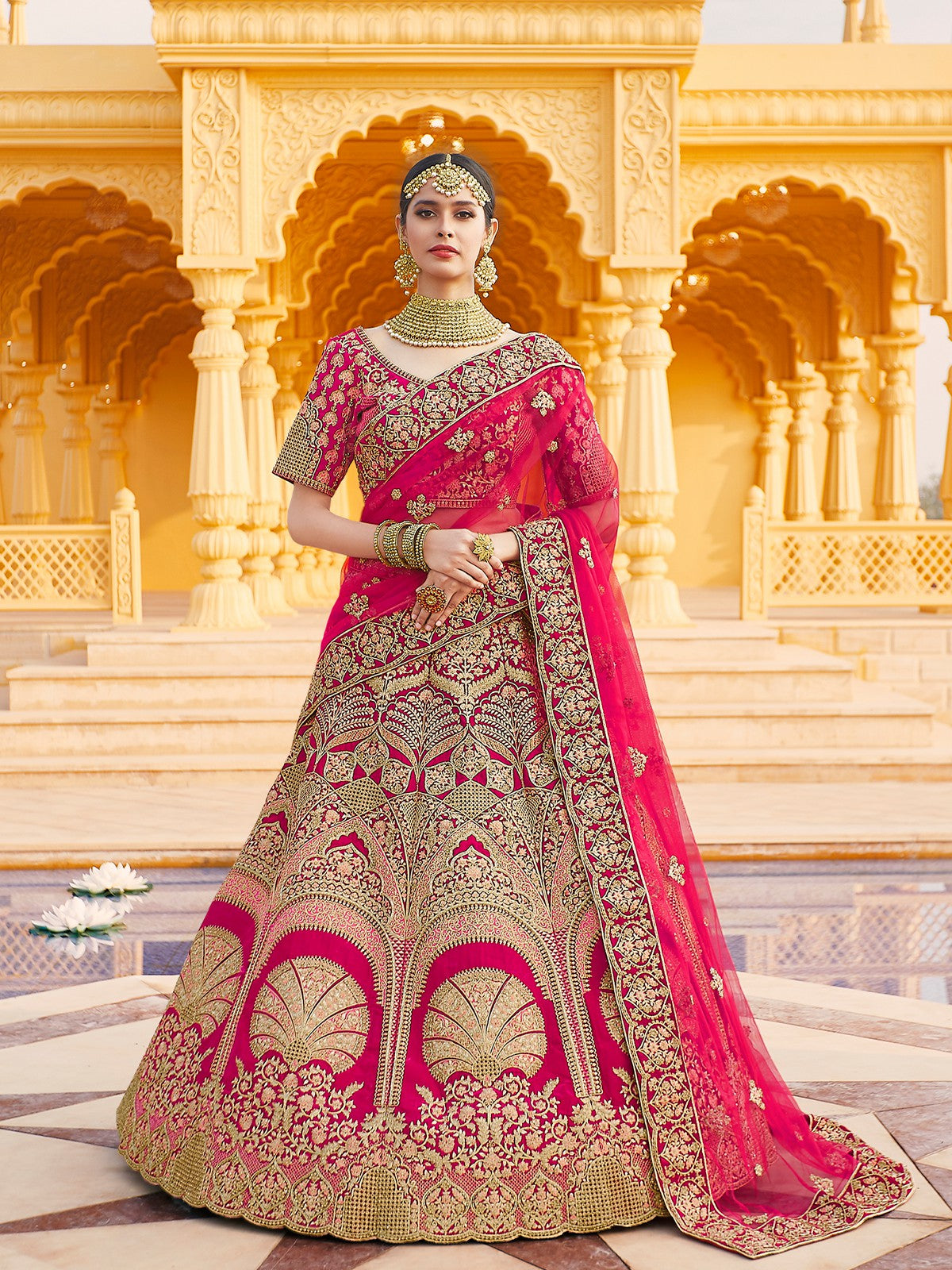 Pink Pure  Velvet Semi Stitched Lehenga With  Unstitched Blouse