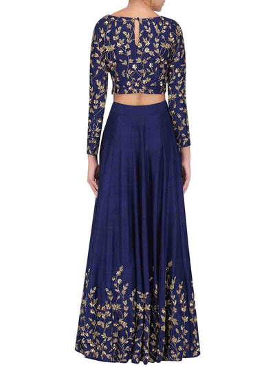 Dark Blue Art Silk Embroidered Semi Stitched Lehenga With Unstitched Blouse