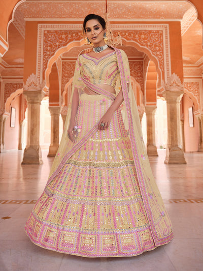 Yellow Embroidered Organza Semi Stitched Lehenga With Unstitched Blouse