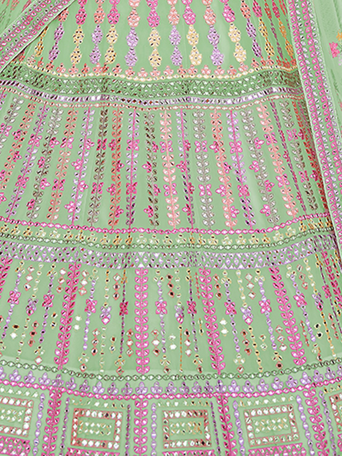Green Embroidered Organza Semi Stitched Lehenga With Unstitched Blouse